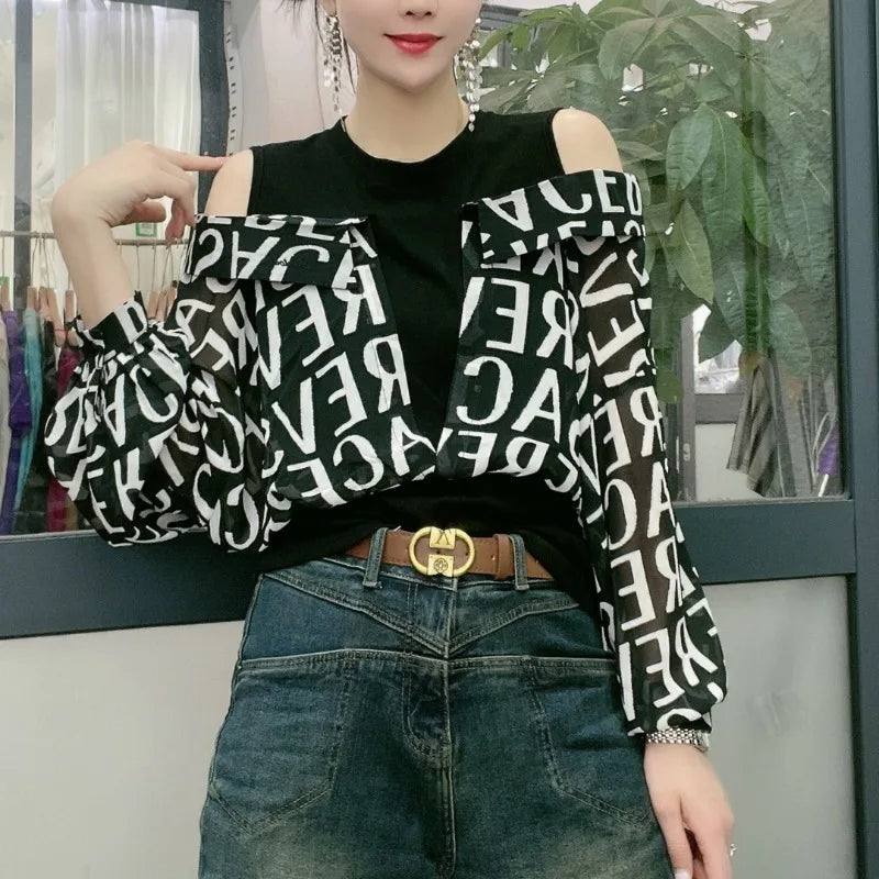 Autumn and Winter Women's Pullover Round Neck Panel Plaid Letter Bottom Shirt Fashion Casual Elegant Commuter Long Sleeve Tops