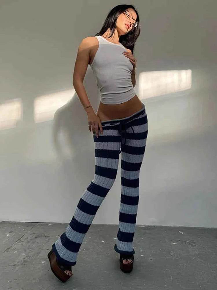 Kliou Stripe Patchwork Long Pants Woman Autumn Trend Crochet Shirring Elastic High Waist Skinny Peach Hip Street Style Bottoms