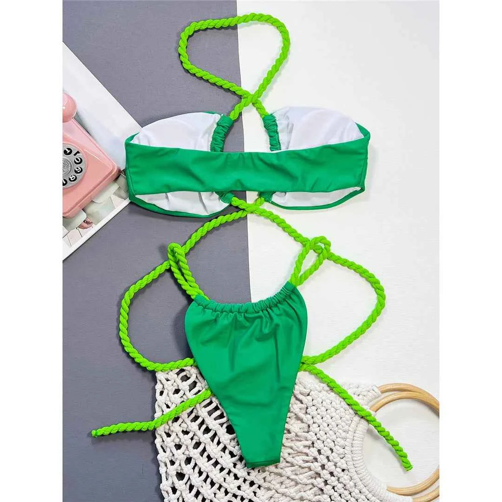 New Wrap Around Halter High Leg Cut Bikini Female Swimsuit Women Swimwear Two-pieces Bikini set Bather Bathing Suit Swim V4750