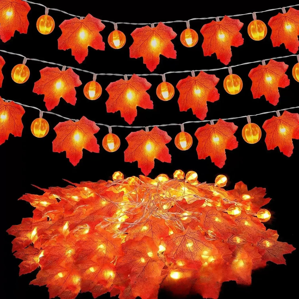 Indoor Home Autumn Harvest Festival Decor 1PC 3D Pumpkin & Maple Leaves String Lights Halloween Thanksgiving Decor Lamp