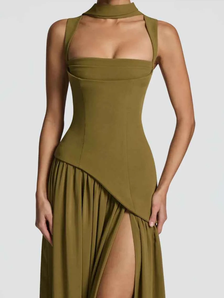 Suninheart Summer Elegant Olive Green Maxi Dress for Women Flowy Long Dress with Scarf Birthday Party Beach Graduation dress