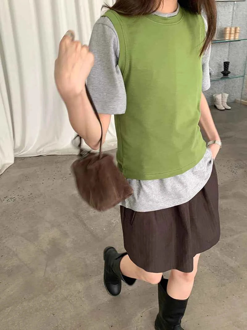 Spring women's casual solid color round neck slim fit vest
