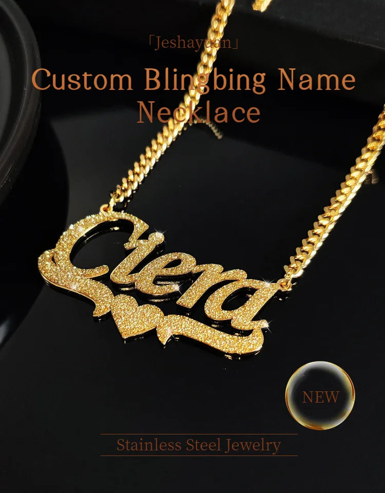 Jeshayuan Custom Bling Name Necklace Personalized Necklace Women Name Necklace Baby Name Necklace Nameplate Jewelry Gift