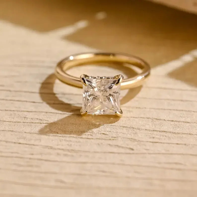 Princess Cut 1.00CT Lab Grown Diamond Hidden Halo Proposal Ring 10K Yellow Gold with Promise Bridal Anniversary Gift for Bridle