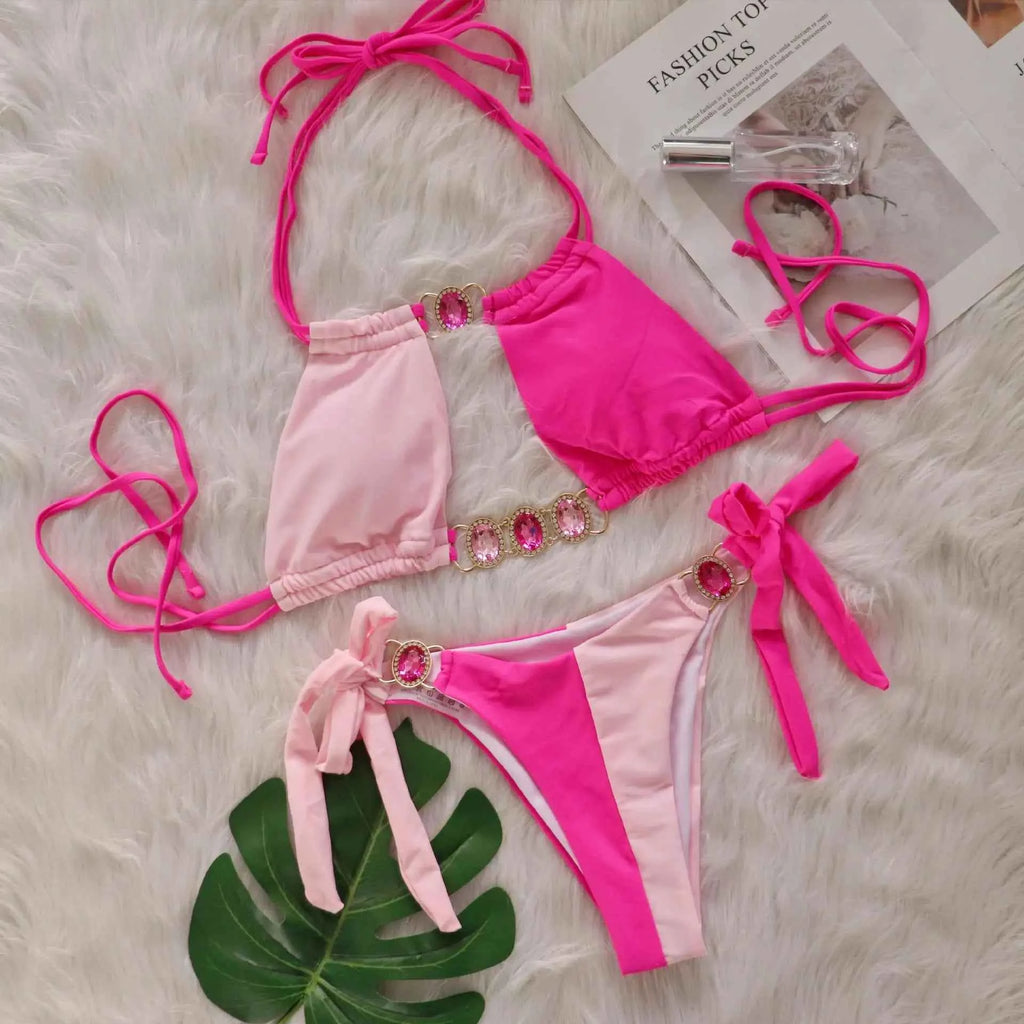 2026 Splicing Halter Diamond Bikini Women Swimsuit Female Swimwear Two Pieces Bikini Set Hollow Out Bathing Suit Swim Beach Wear