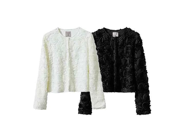 AMII Minimalism Short Jacket Women 2025 Autumn New Elegant Romantic Stereoscopic Flower O-Neck Hook Button Outwear Coat 12521066