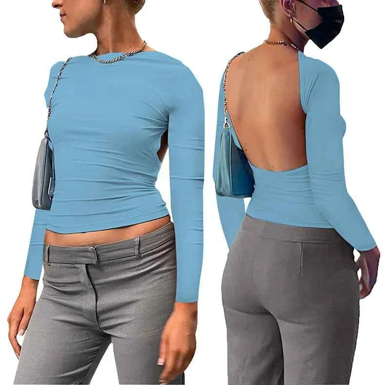 Backless Short Sleeve Blue Y2K Crop Top Women Casual O Neck  Summer T Shirts Sexy Vintage Cut Out