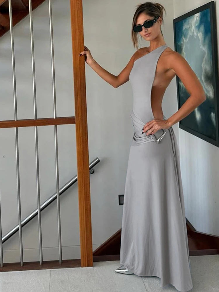 Kliou High Street Women Dresses Concise Incline Shoulder Ribbons Backless Sheath Maxi Vestidos Female Elegant Holiday Trend Robe