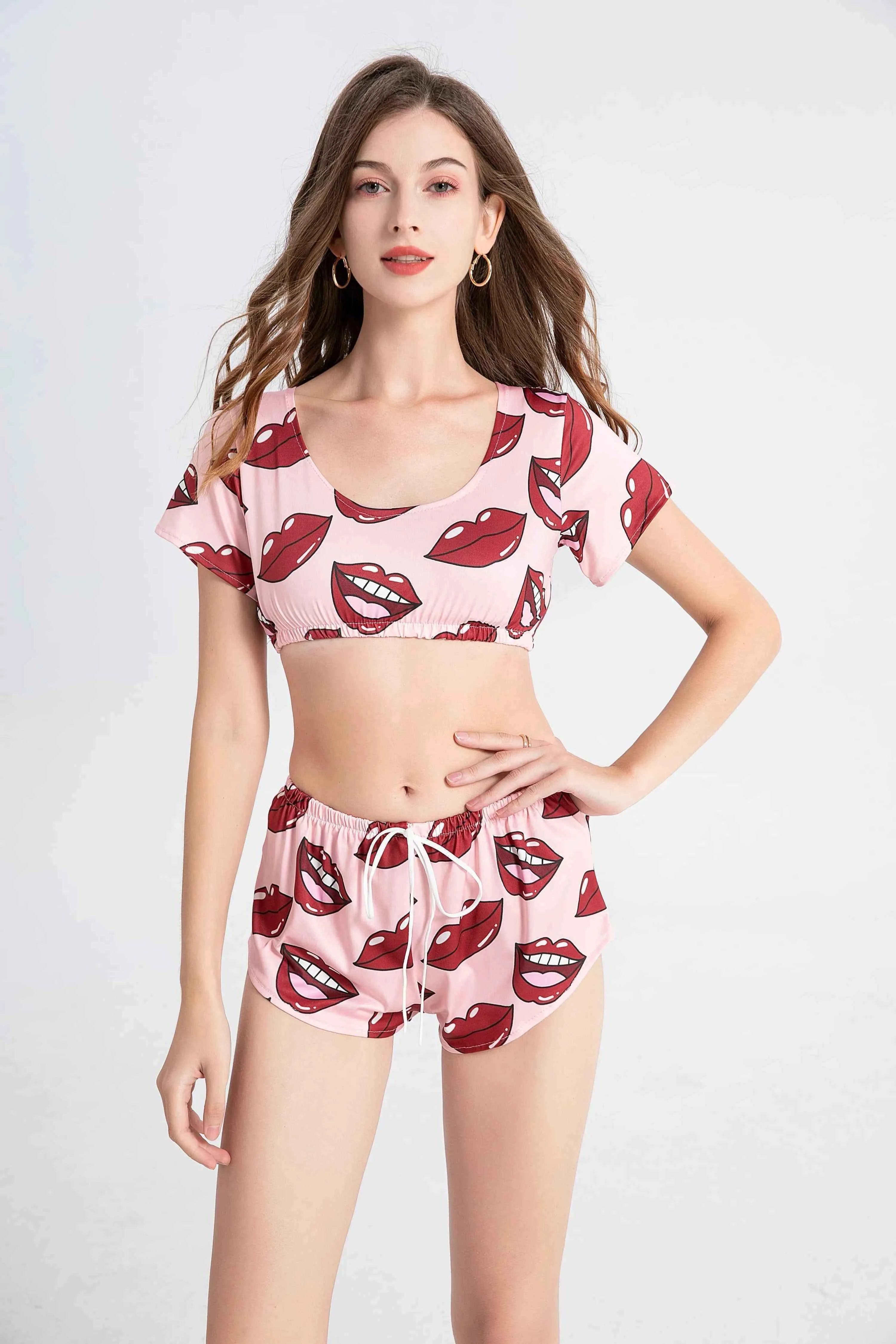 Summer Short Sexy Casual Lips Print Female Sleepwear Suit Pajamas 2pcs Top+Pants Skinng Women Homewear Underwear