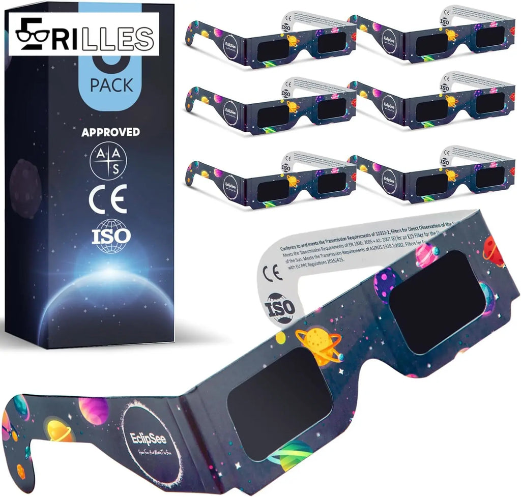 ISO Certified Eclipse Glasses, Paper Frame Solar Viewer, Safe Sun Filter for Solar Eclipse Observation, 6PCS Family Pack, Random