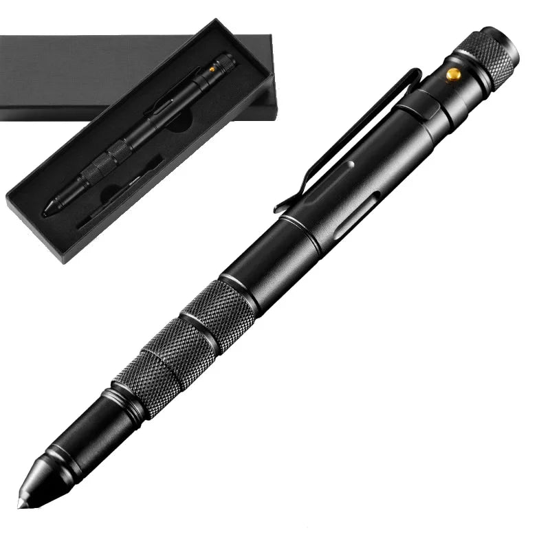 Portable Creative Self Defense Tactical Pen Emergency Flashlight Strobe Bottle Opener Car Window Breaker Pill Storage Gift Box
