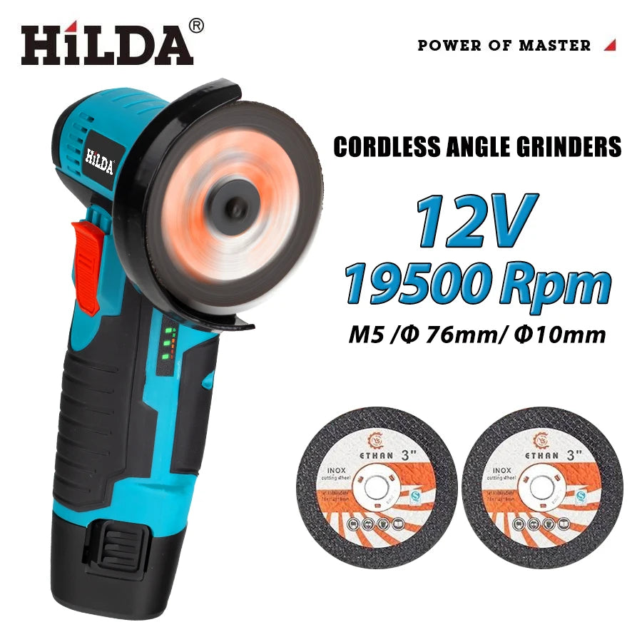 HILDA 3 inch 12V Miniature Rechargeable Angle Grinder with Battery Cutting Blade Polishing Grinder for Cutting Diamond Cordless