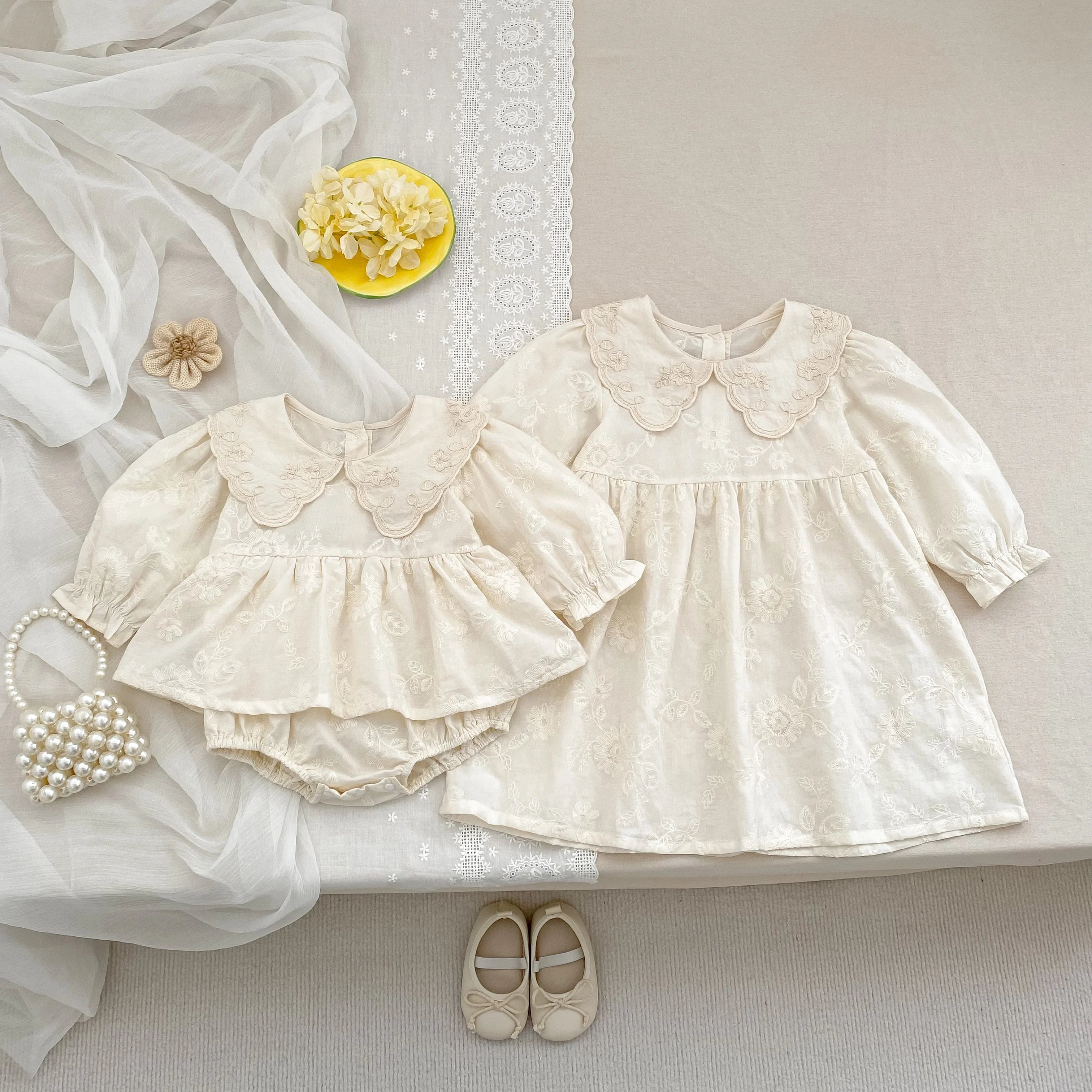 Autumn Baby Bodysuit Sisters Dress Flower Embroidery Dress Infant Girls Toddler Outfit  Baby Girls Rompers Family Sister Dress
