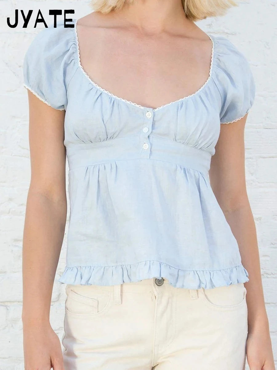 White Striped V-neck Buttons T-shirts Women New Casual Cotton Lace Trim Sexy Crop Tops Sweet Cute Preppy Style Blouse Tees Y2K
