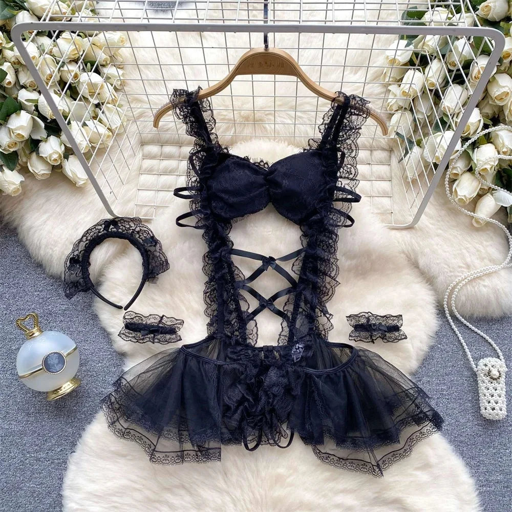 Summer Girls Sexy Hot Sweet Transparent Suspender Mini Dress Women Elastic Waist And Backless Strap Lolita Pajamas Bubble Skirt
