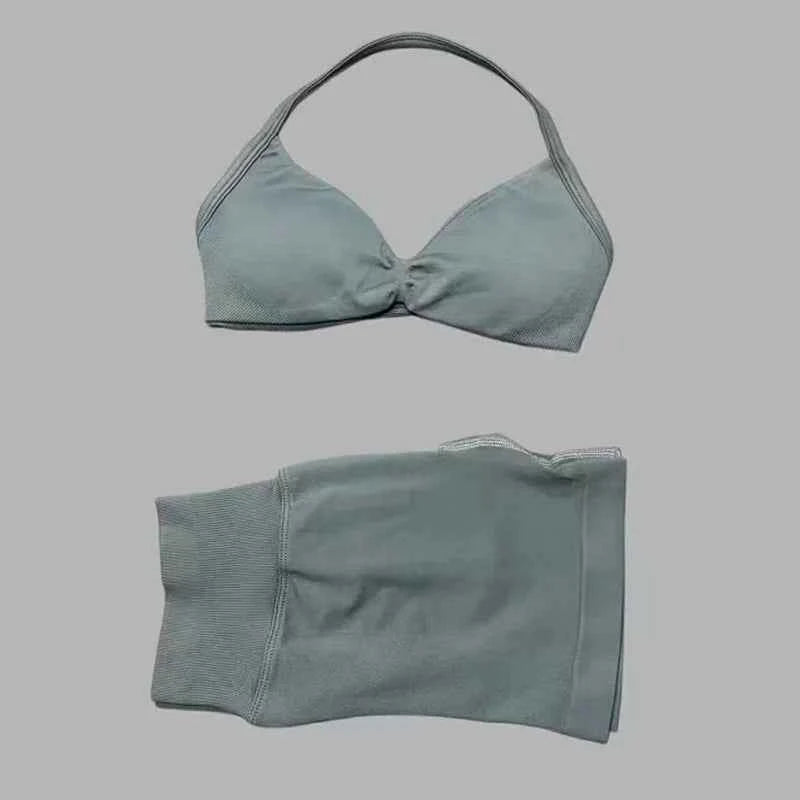 HISTELLO Gym Set 2 Piece Women Strappy Yoga Bra Top Workout Scrunch Shorts Sports Suit Fitness Clothes Seamless Yoga Set