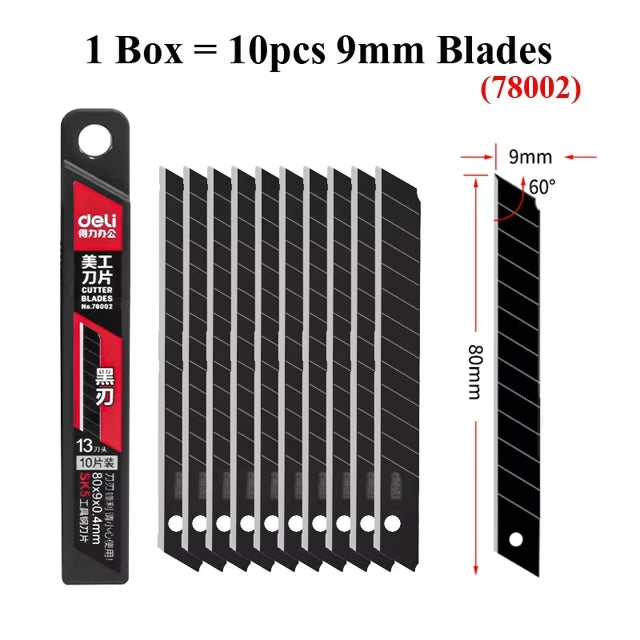 Deli Heavy Duty Utility Knife Sharp Black SK5 Carbon Steel Blades 9mm/18mm/Auto-Retractable Box Cutter for Cardboard Cartons
