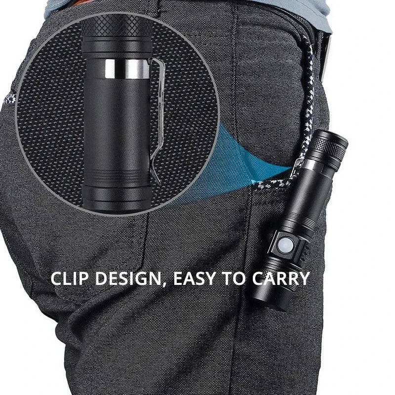 Powerful LED Flashlight with Clip Portable Telescopic Zoom Rechargeable Defense Flashligh For Outdoor Camping Hiking Cycling