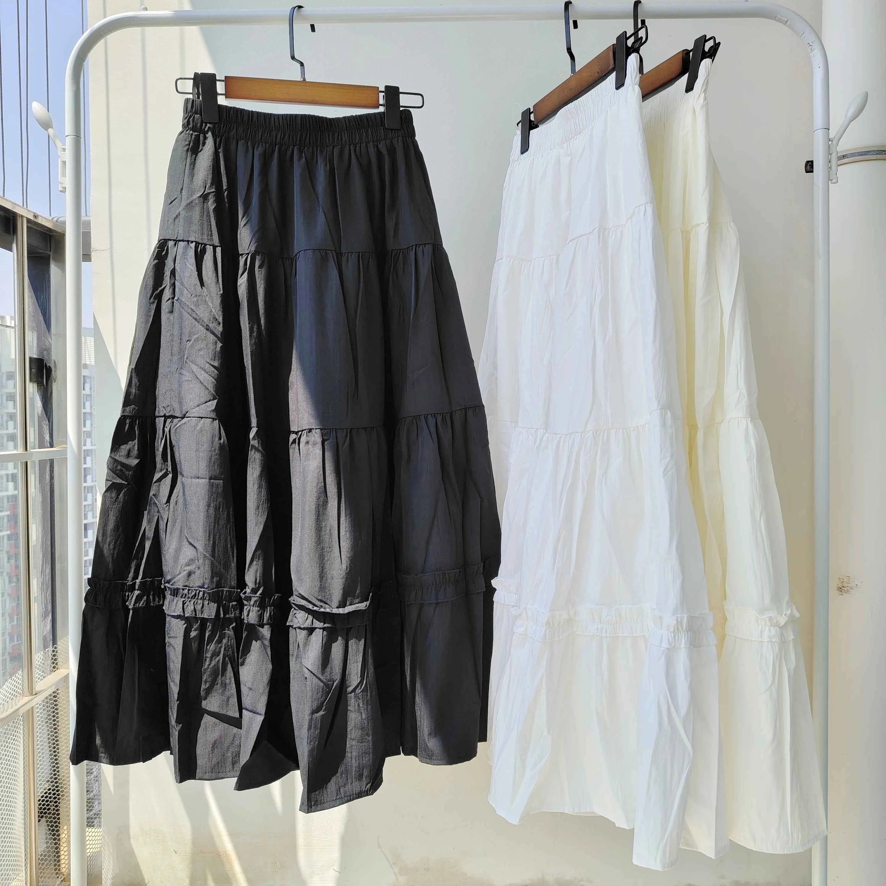 Matching Chic lady's white skirt sweet girls cake skirt elastic waist a line mid length flare skirt