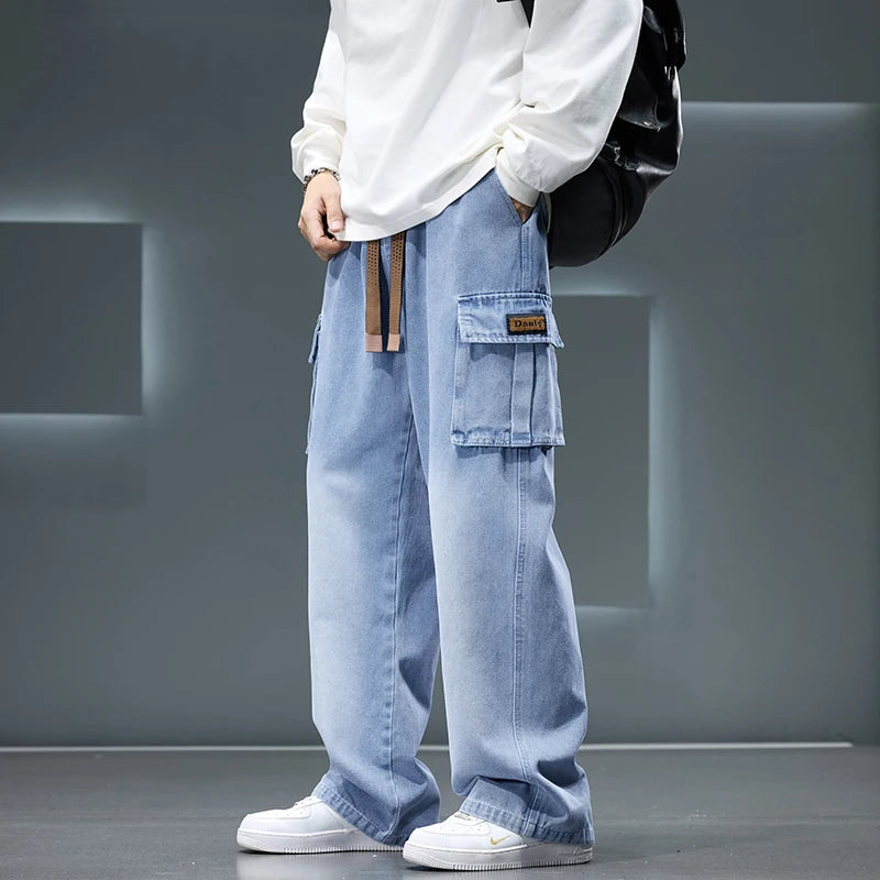 2026 New Wide Leg Washing Jean Pants Men Trousers Neutral Solid Color Loose Casual Fashion Pocket Cargo Pants Big Size 8XL