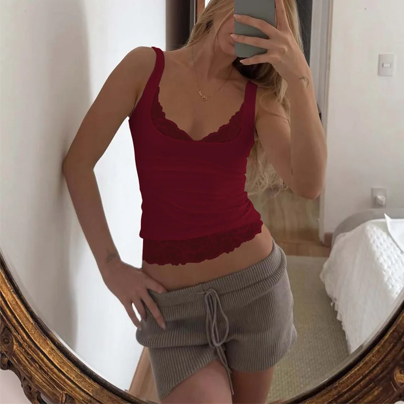 Dulzura Square Collar Backless Slim Lace Ruffles Patchwork Tank Top Women'S Fashion Sexy Y2K Top Party Vacation Summer Clothes