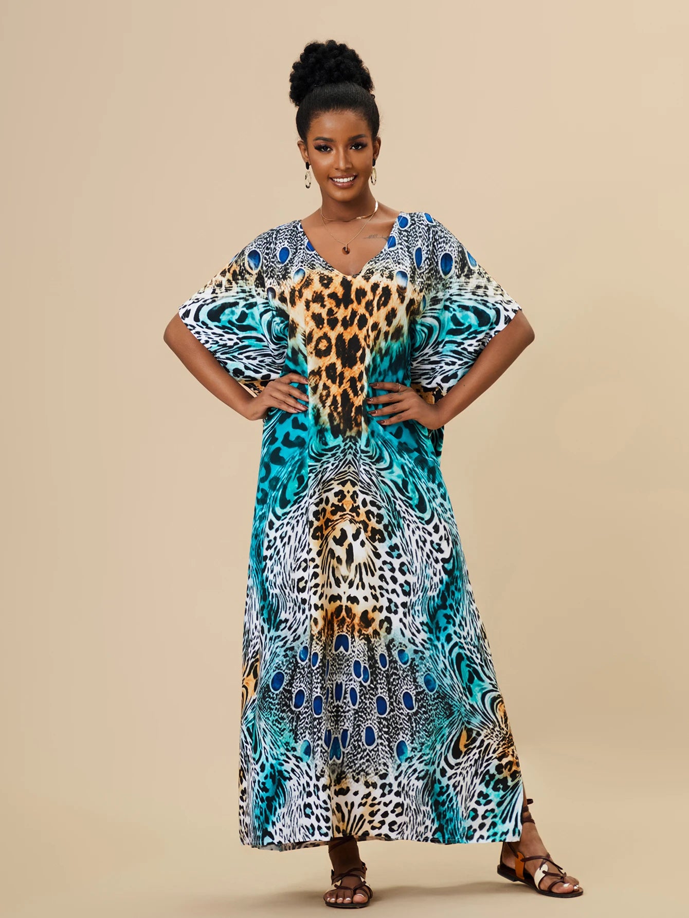 EDOLYNSA 2023 Bohemian Printed Loose Kaftan Casual Summer Vacation Maxi Dress Women Clothing Beach Wear Swim Suit Cover Up Q1469