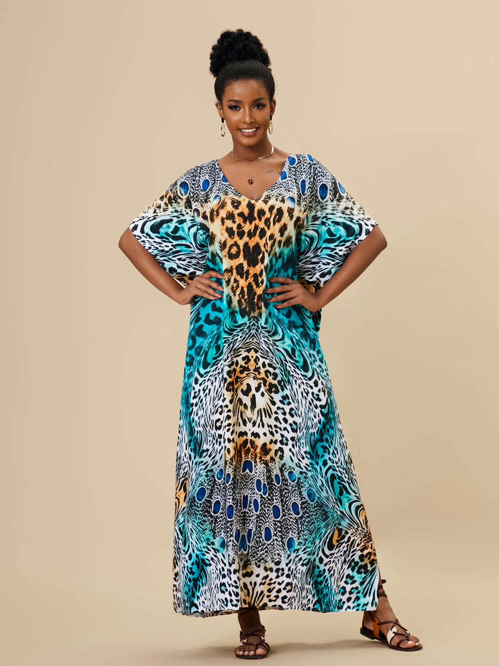 EDOLYNSA 2023 Bohemian Printed Loose Kaftan Casual Summer Vacation Maxi Dress Women Clothing Beach Wear Swim Suit Cover Up Q1469
