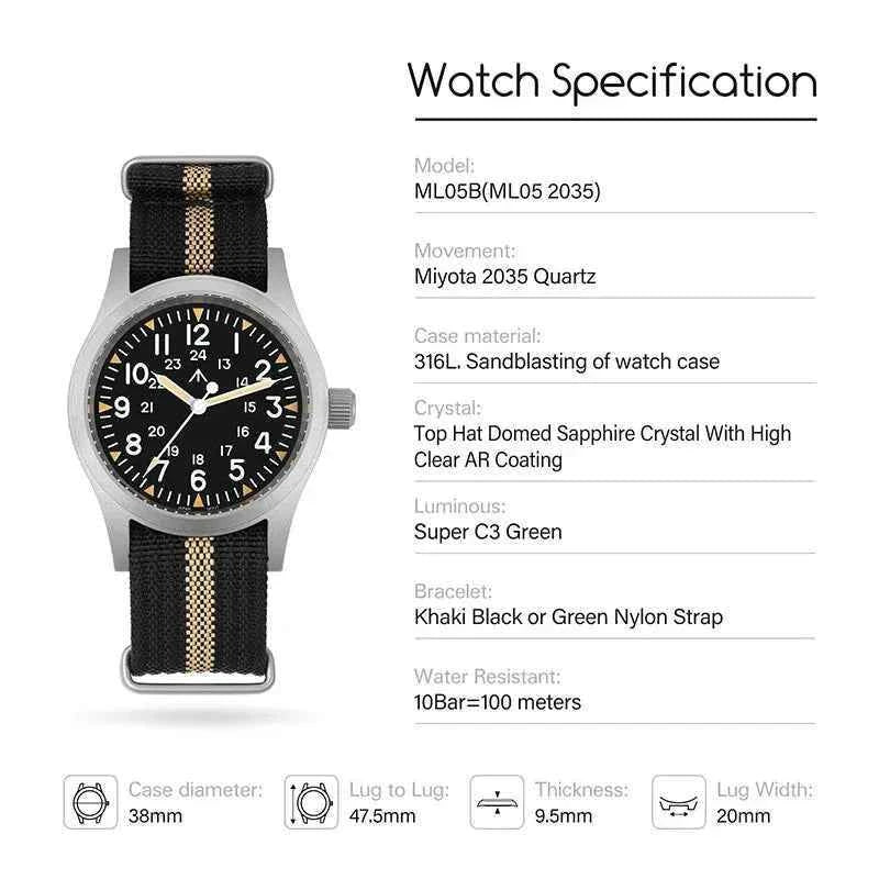Militado ML05 38mm Military Watch Miyota 2035 Movement Domed Sapphire Crystal C3 Green Luminous 10Bar Waterproof Vintage Watches