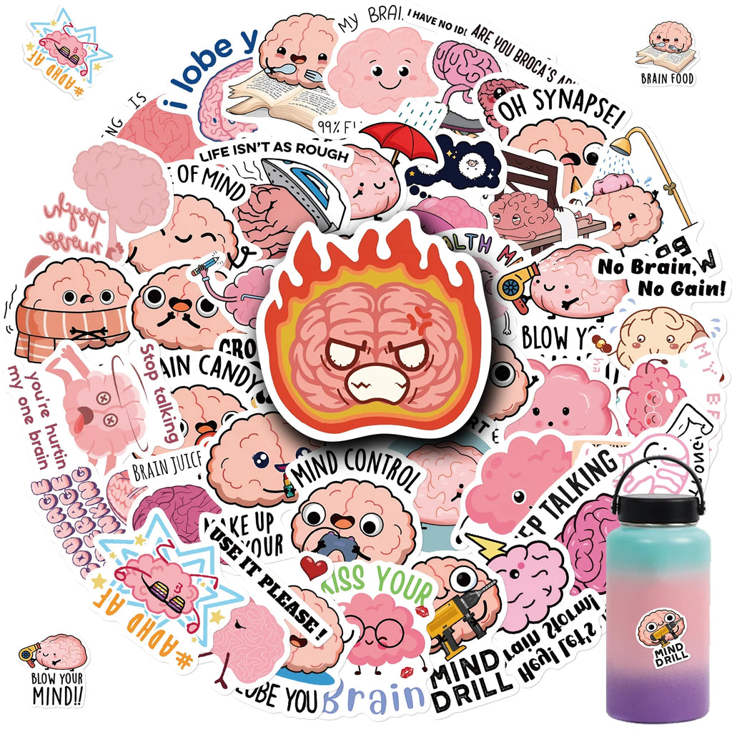 50PCS Funny Brain Pink Stickers DIY Diary Laptop Luggage Skateboard Graffiti Decal Fun Children’s Classic Toy