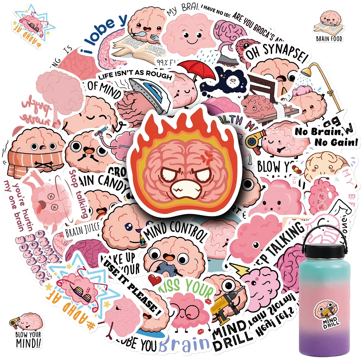 50PCS Funny Brain Pink Stickers DIY Diary Laptop Luggage Skateboard Graffiti Decal Fun Children’s Classic Toy