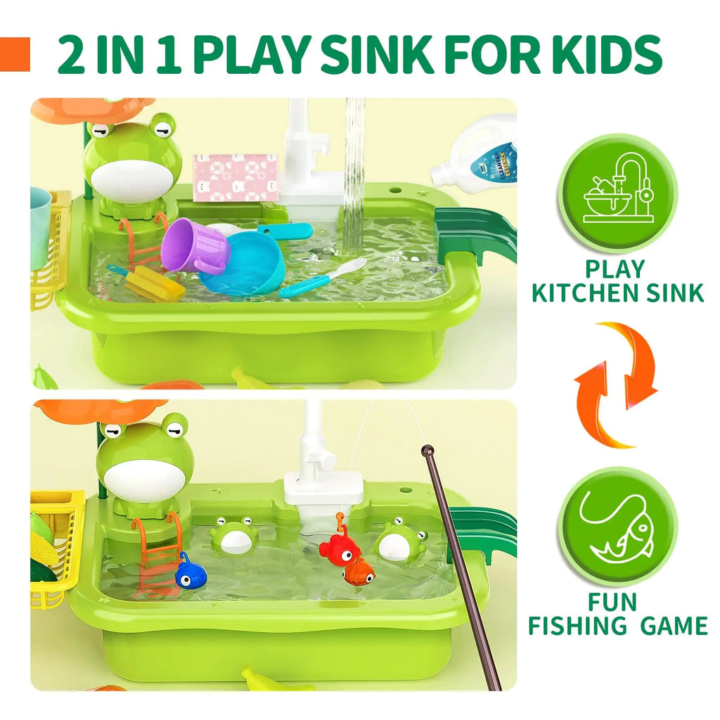 Kids Electric Kitchen Sink Toys with Running Water, Pretend Play Dishwasher & Fishing Toys, Educational Role Play Gift for Girls