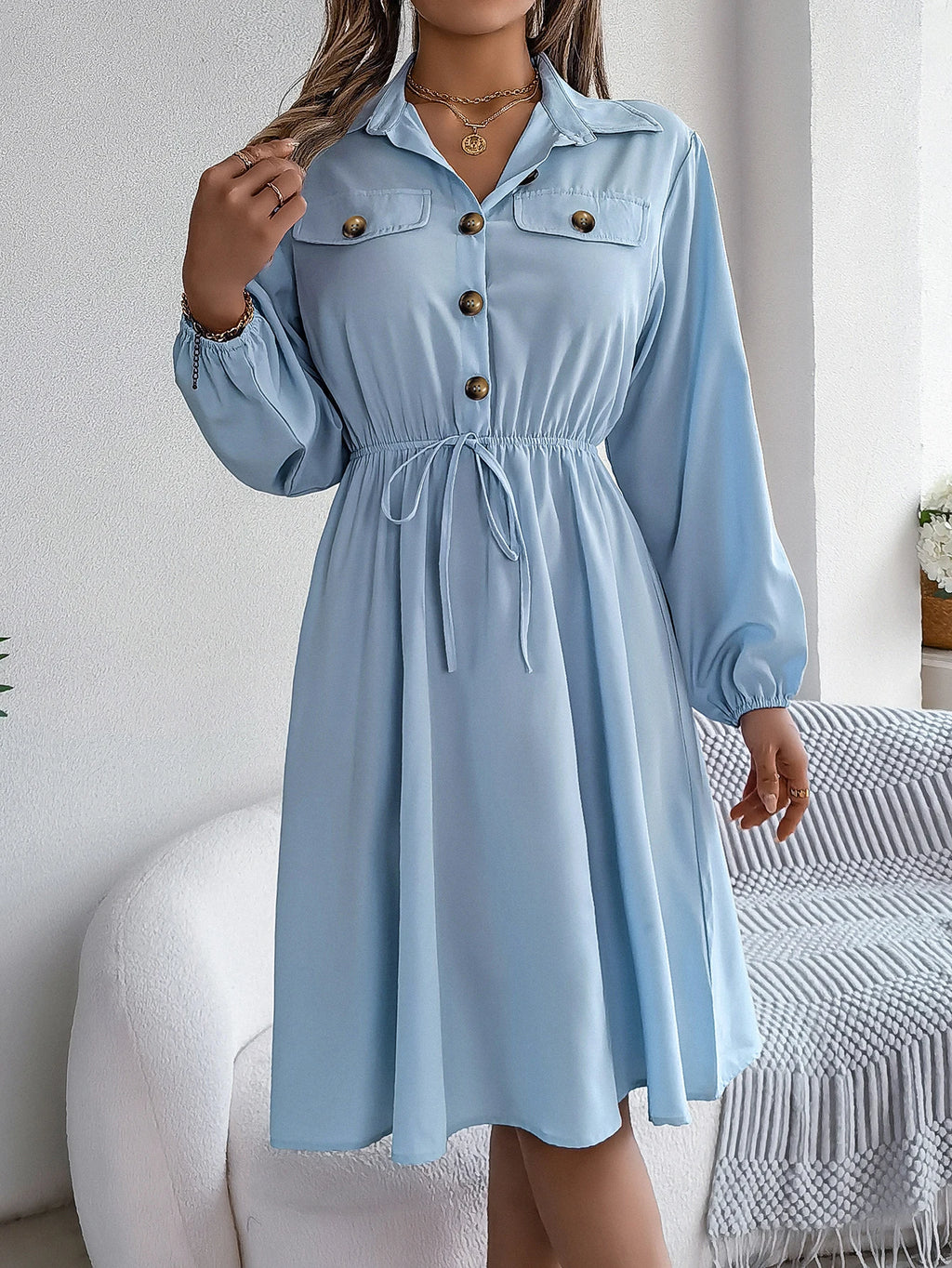 Autumn Winter Dresses for Women Casual Solid Color Button Tie Up Long sleeved Shirt Dress Blue  Green Black Red Woman Clothing