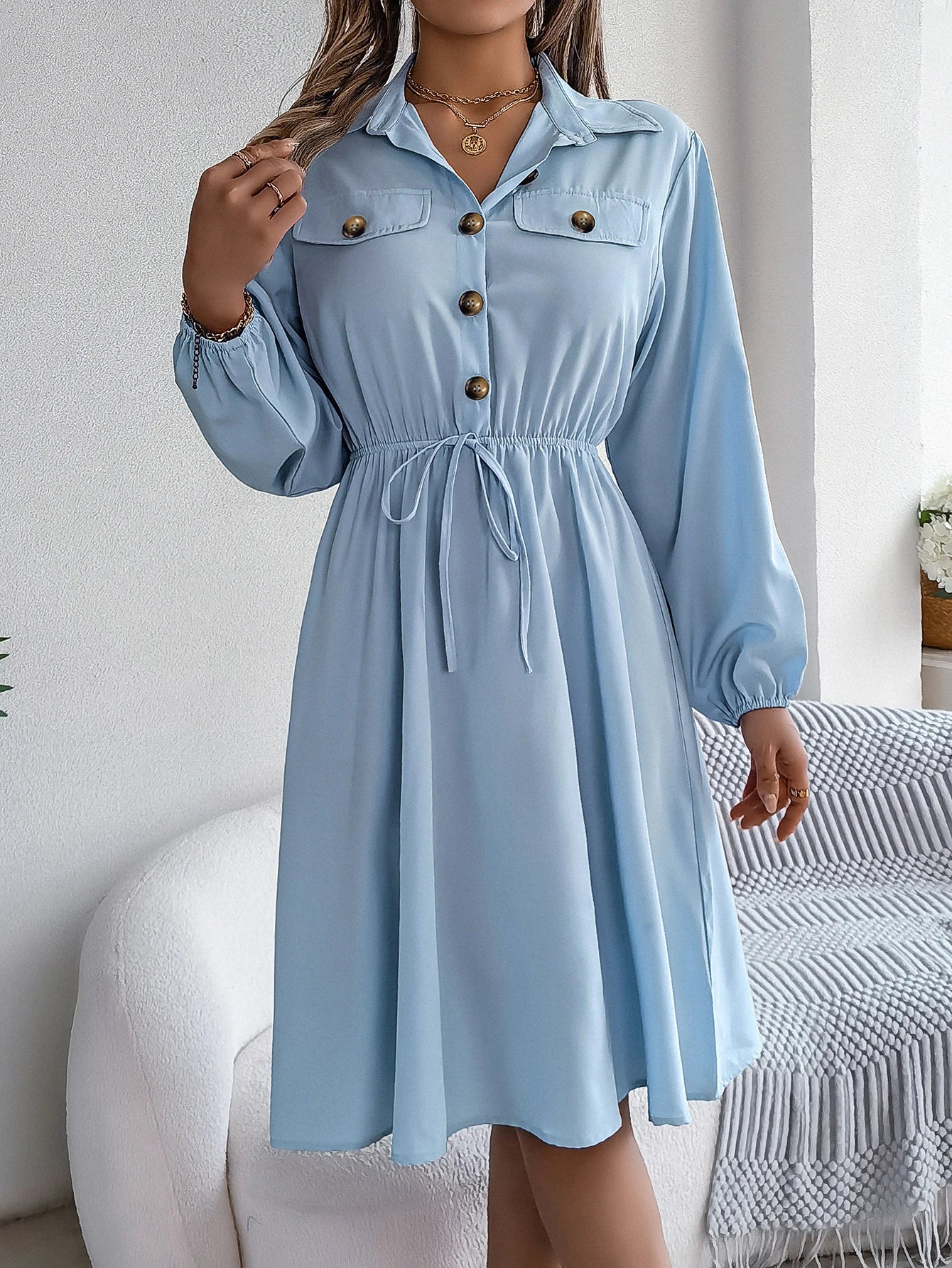 Autumn Winter Dresses for Women Casual Solid Color Button Tie Up Long sleeved Shirt Dress Blue  Green Black Red Woman Clothing