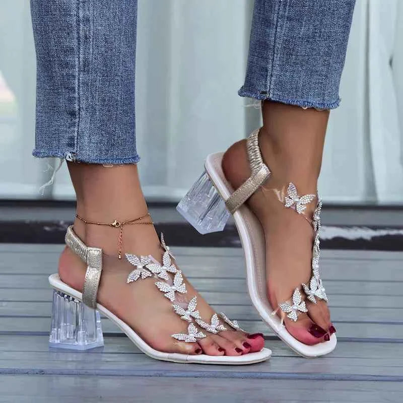 2024 Summer Rhinestone Butterfly Sandals, New Crystal and Fashion Transparent High Heels, Casual Street Women's Shoes