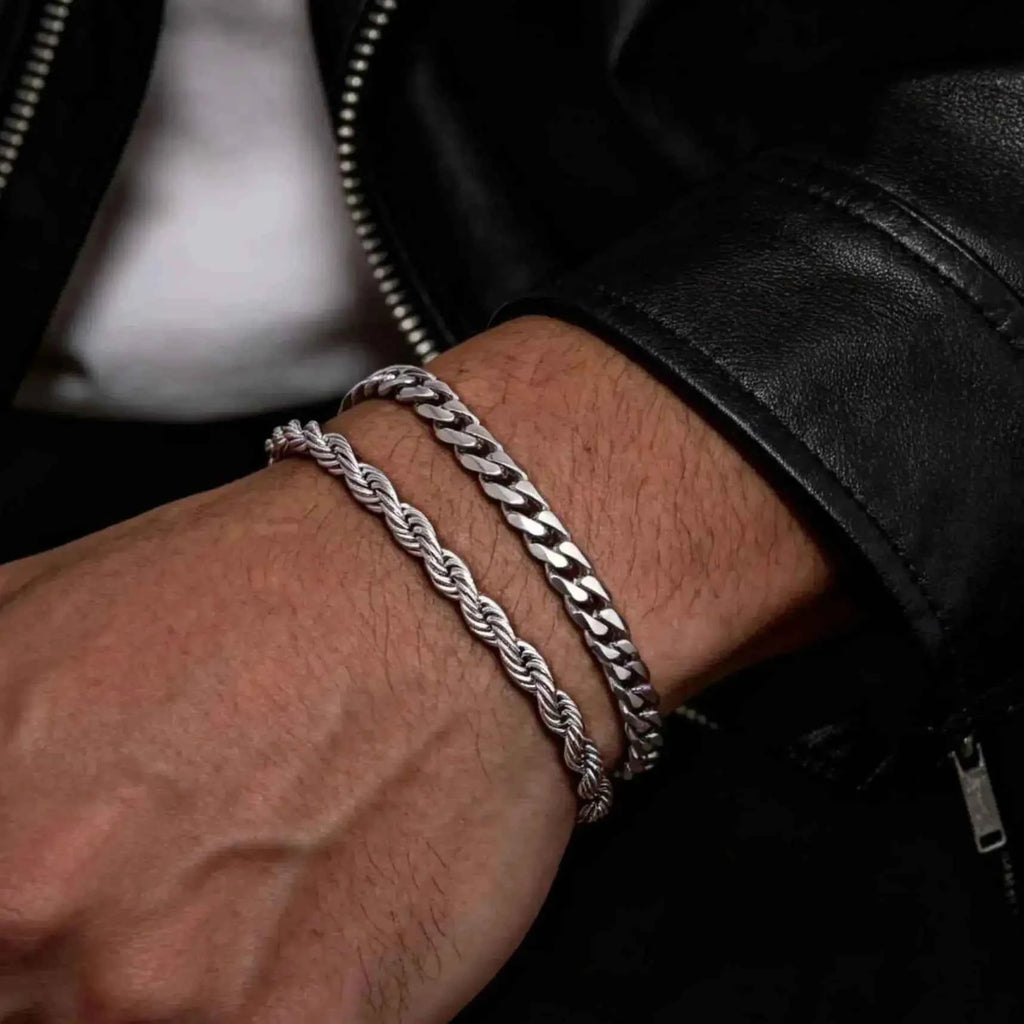 2pcs Men's Chain Bracelets,Stainless Steel Silver Gold Black Color Twist Rope Chain Wristband,Trendy Cuban Link Chains Gift
