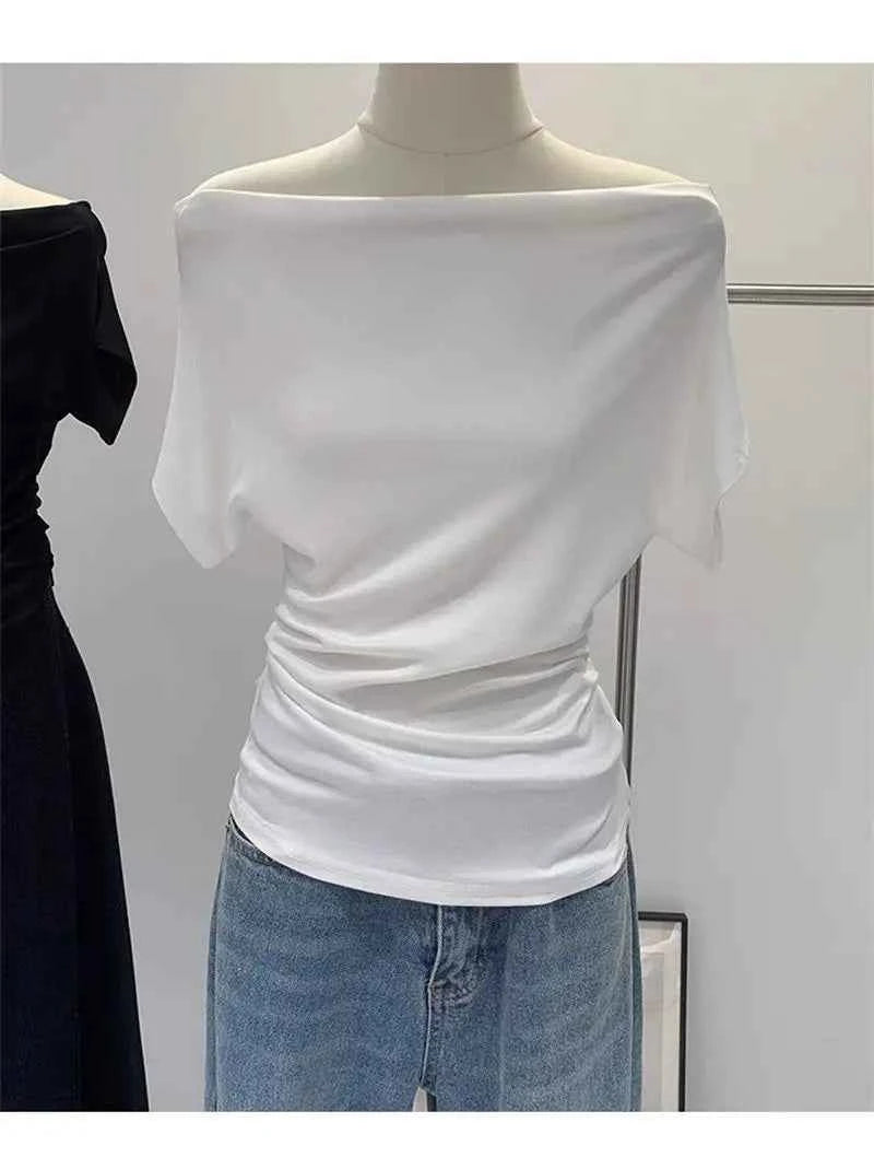 Summer One Shoulder Black Women's T-shirt Short Sleeve Korean Style Slimming Top Exposed Shoulder Fashionable