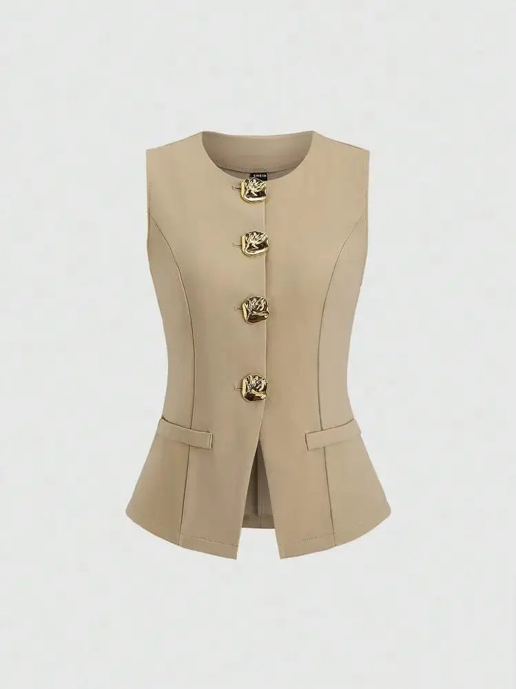 Fashionable Little Fragrance Style Women's Sleeveless round Neck Vest Waist-Cinching Pure Color Cross-Border Women's Jacket