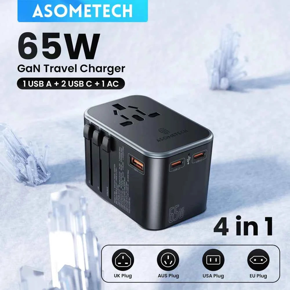 ASOMETECH 65W GaN International Travel Adapter PD3.0 QC3.0 PPS 3 USB GaN Fast Charging Adapter with EU AU US UK Plug for Travel