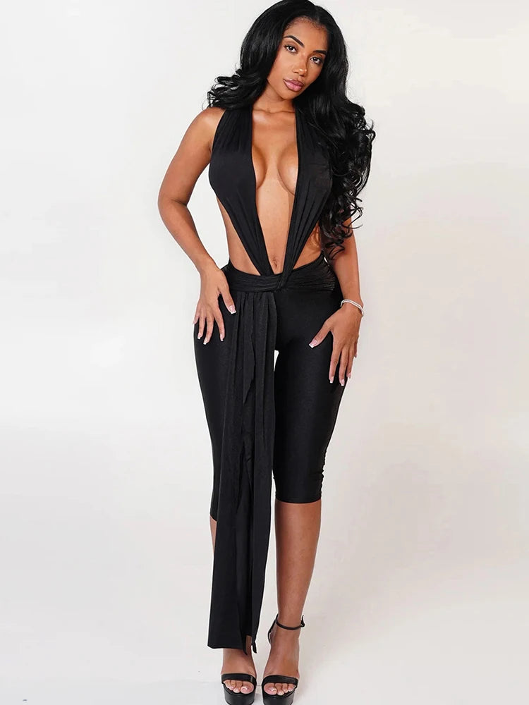 Sisterlinda Backless Halter Romper Women Ribbon Patchwork Sleeveless Elastic Workout Activewear Midnight Activity Slim Playsuits