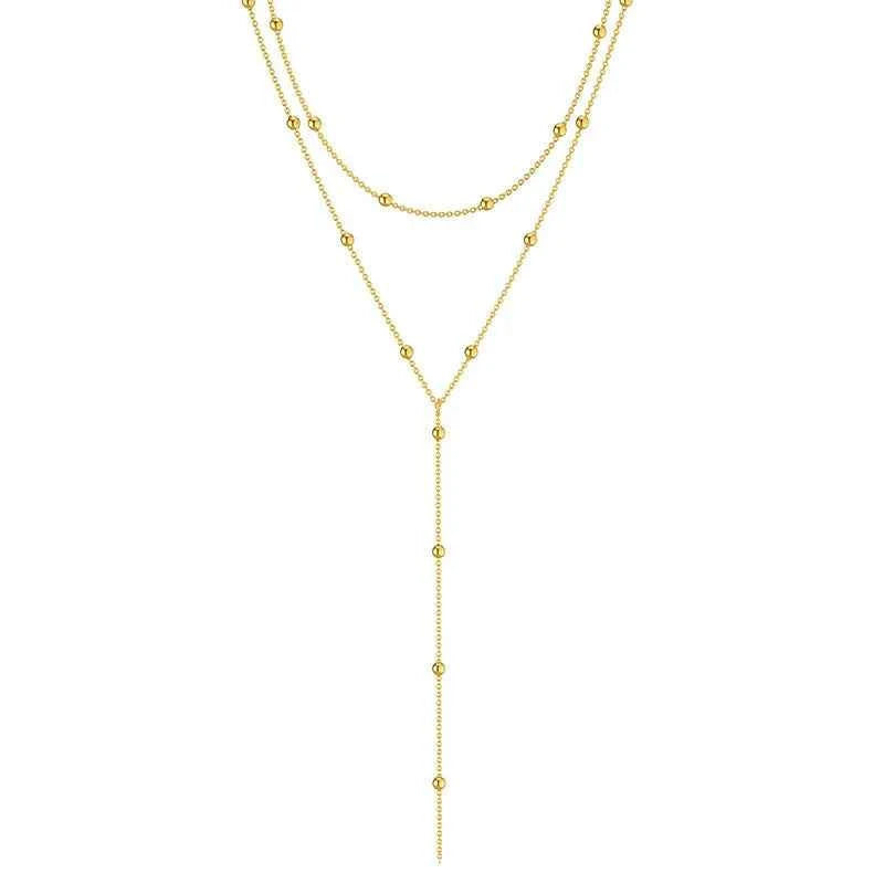LATS Gold Color Double Layered Long Tassel Chain Necklaces for Women Simple Metal Geometric Bead Choker Necklace Fashion Jewelry