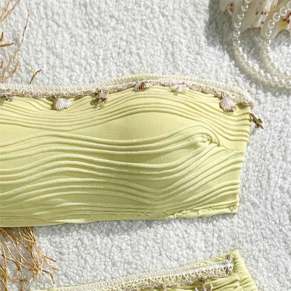 Shell Starfish Edge Bandeau Bikinis Sets Yellow Texture Solid Swimwears Sexy Swimsuit Women 2026 Lace-up Bathing Suit Bikini