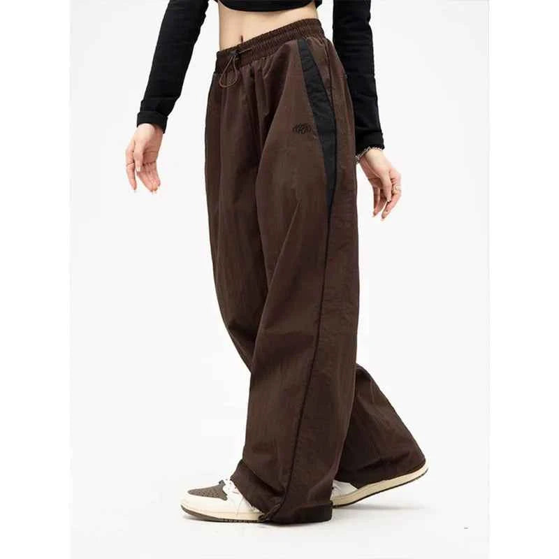 Women Spring Retro Solid Loose Drawstring Trousers Casual Joggers Baggy Wide Leg Sweatpants Mid Waist Sporty Y2k Female Clothes