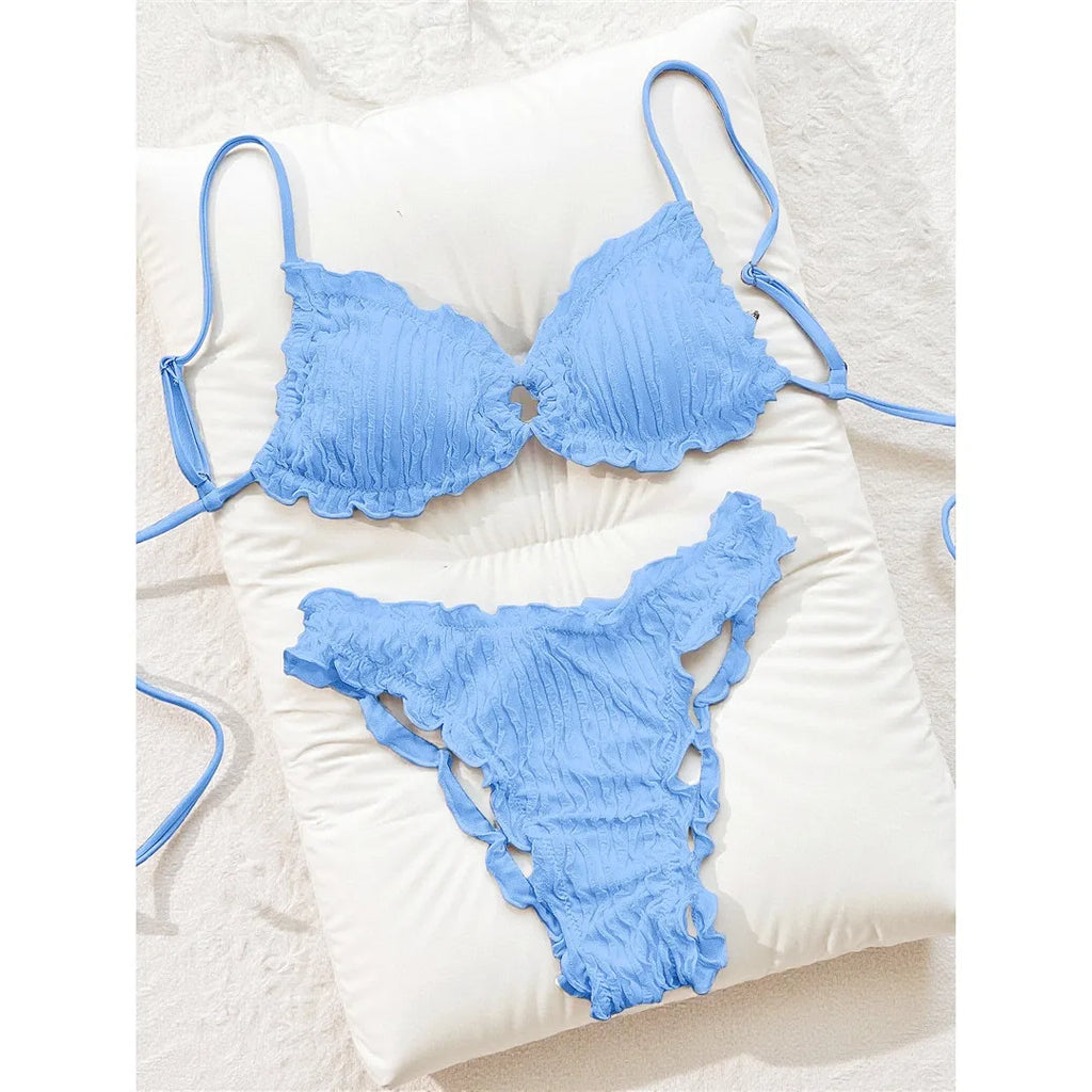 Wrinkled Crinkled Frilled Bikini Female Swimsuit Women Swimwear Two-Pieces Bikini Set Brazilian Bather Bathing Suit Swim V8053