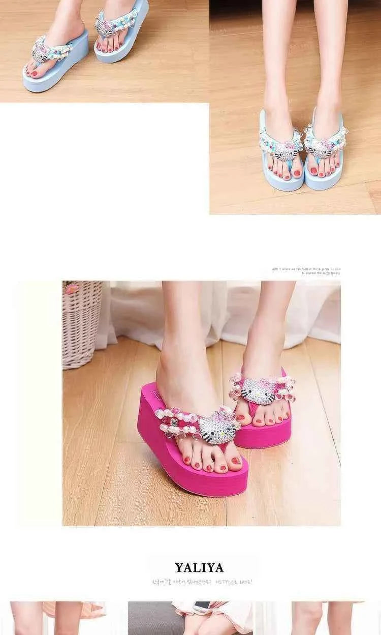 Hello Kitty Kawaii Soft Flip Flop Sandals Y2k Beach Slides Shoes Women Casual Wedge High Heels Platform For Slippers Ladies Gift