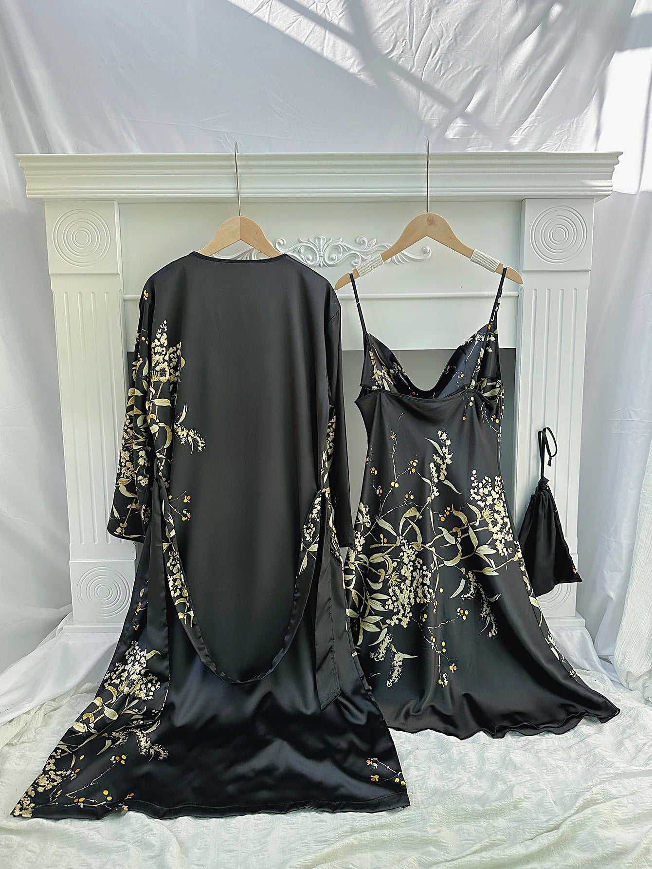 Floral Print Pajama Set Long Sleeve Robe With Belt   V Neck Slip Dress  Women's Sleepwear  Loungewear