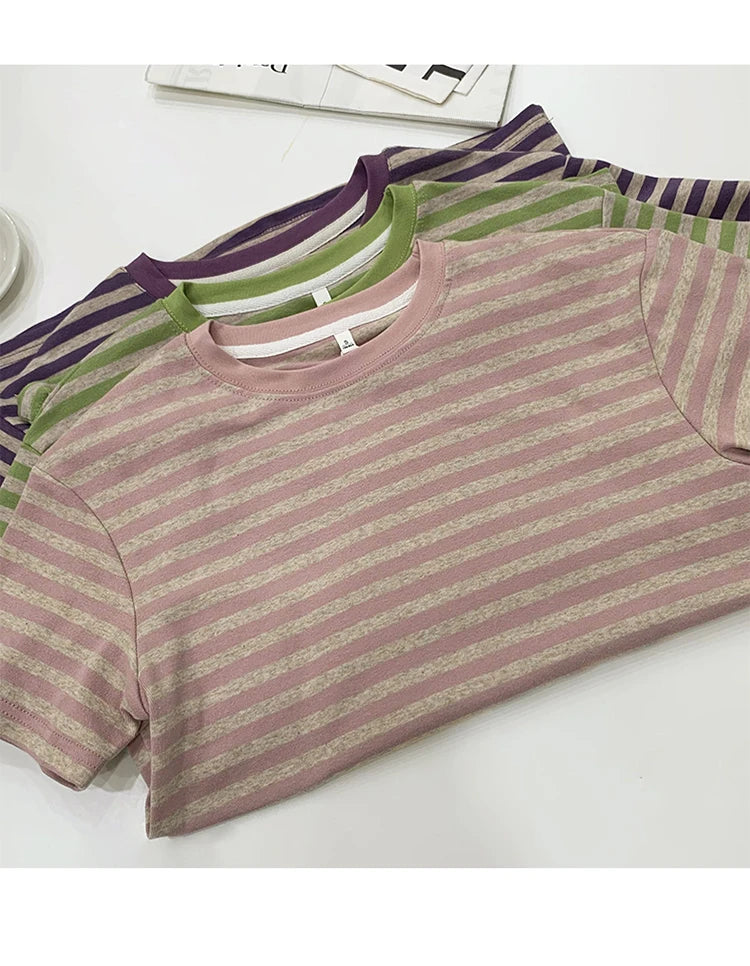Summer Short Sleeve Striped T-Shirts Versatile Women Knitted Basic Casual Tops Female Cozy Loose Cotton Tees 2023 Harajuku Shirt