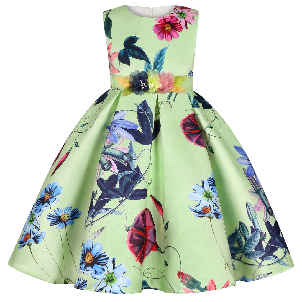 2026 European and American children's new flower vintage print princess dress girl holiday party dress dress