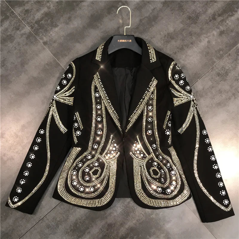 DEAT 2024 New autumn Turn-down Collar Full Sleeves Metal Beaded No Buttons Short jackets Female Single Suit WF18501L Black