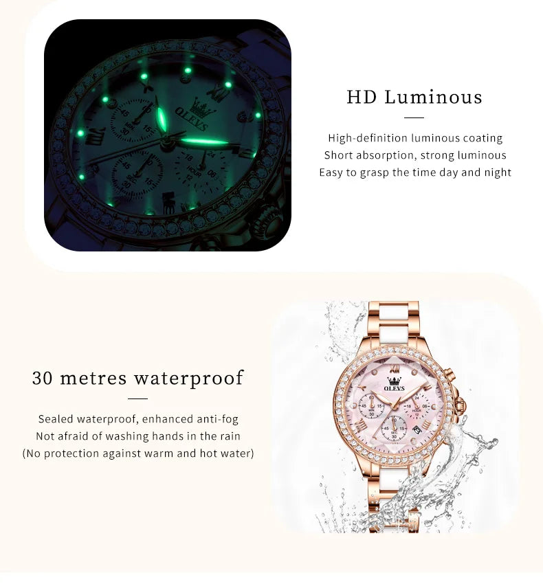 OLEVS 9999 Women Watch Brand Original Elegant Waterproof Chronograph Luxury Ceramic Dress Pink Women Quartz Watch Reloj Mujer