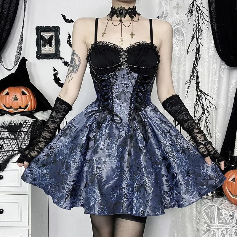 2024 New Vintage Gothic Purple Mini Dress Women Sexy Spaghetti Strap High Waist Dresses Punk Grunge Slim Party Club Dress Women